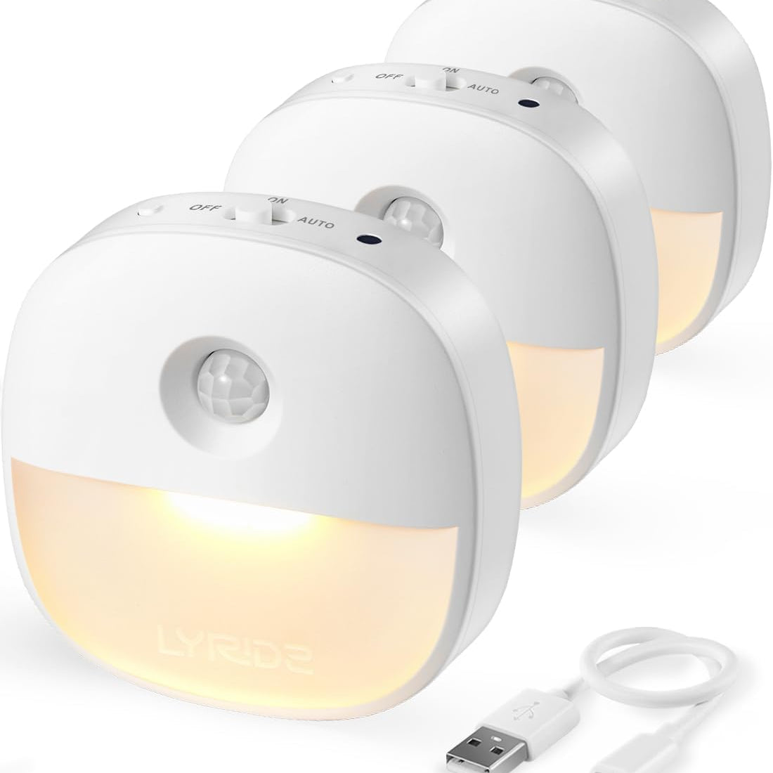Two motion sensor lights with a USB cable on a white background