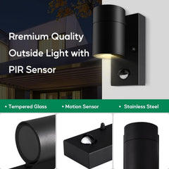 Outdoor Wall Lights PIR Motion Sensor, GU10 Base Down Exterior Wall Sconce, IP44 Stainless Steel Black Single Wall Light for Garden