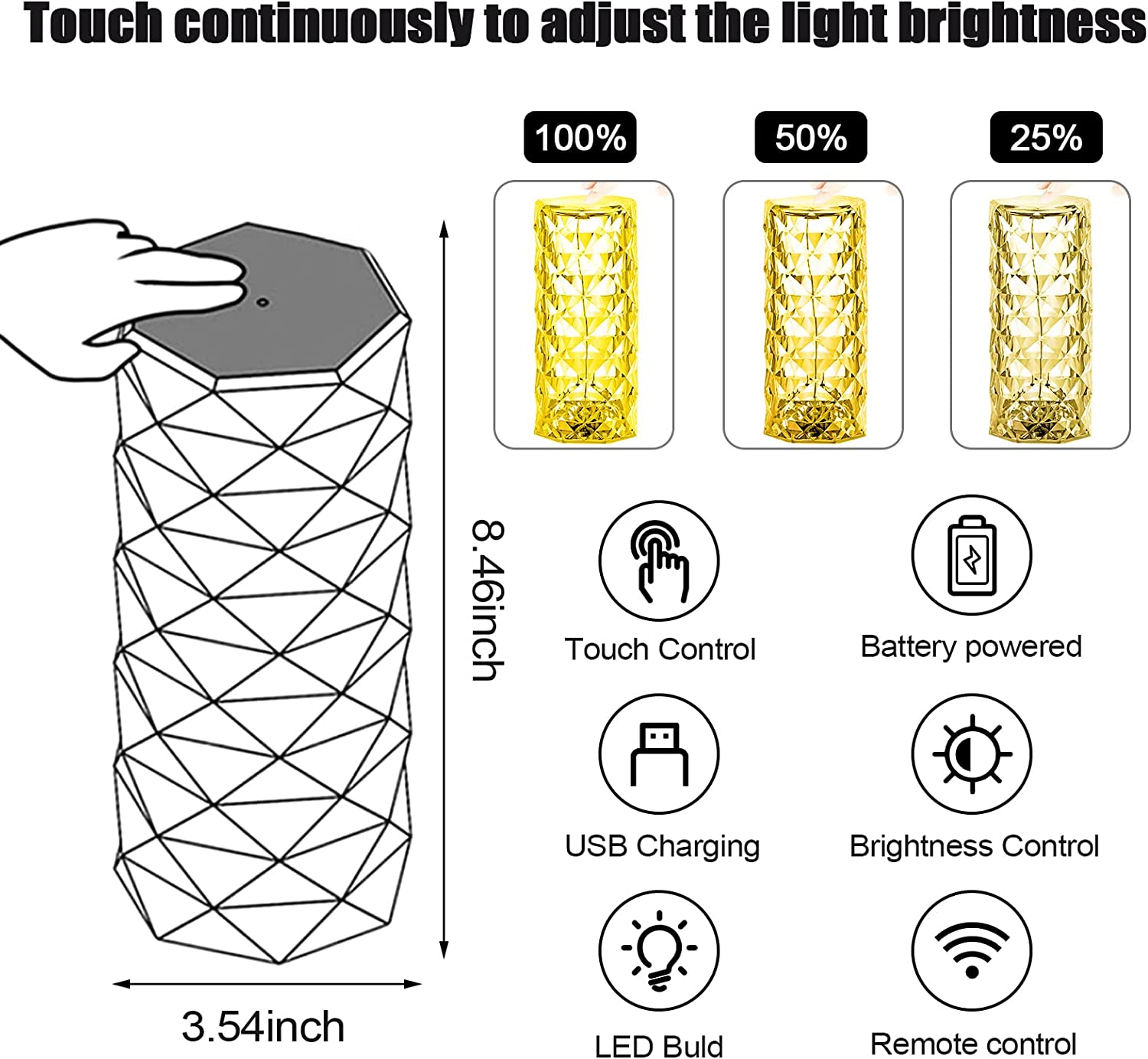 Crystal Diamond Table Lamp with 16 Color Changing RGB, USB Powered Rose Acrylic 3D Night Light for Bedroom & Living Room