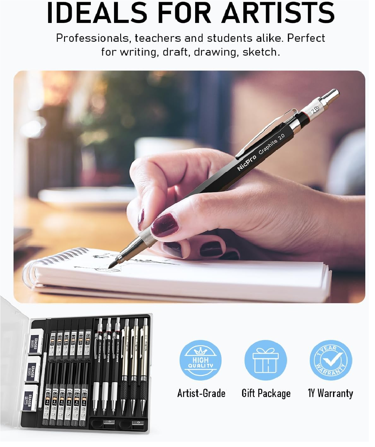 6PCS Mechanical Pencil Set – 0.5mm 0.7mm 0.9mm & 2mm Lead Holders with 12 Tube Refills