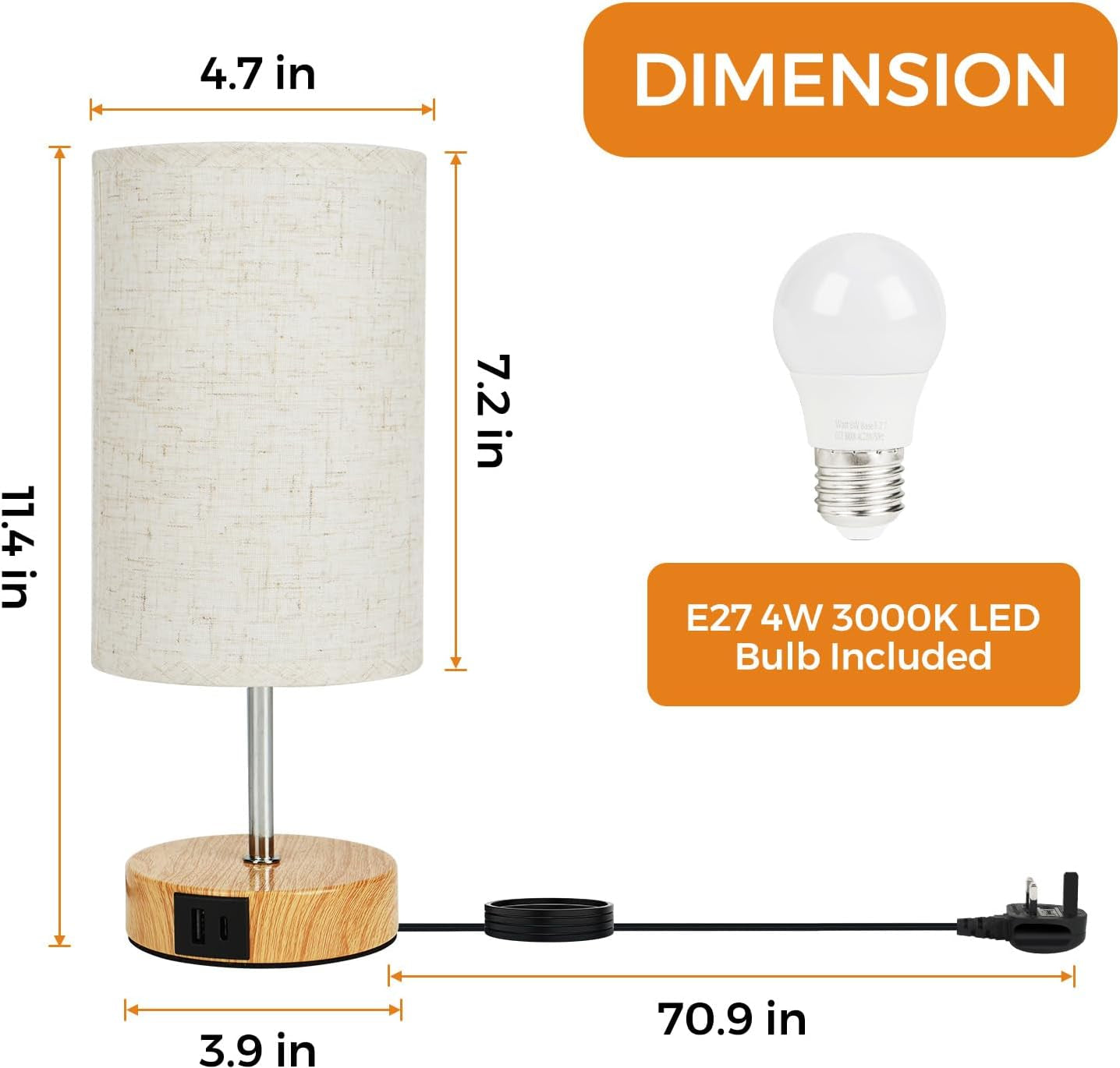 Touch Bedside Lamps Set of 2 with USB Ports