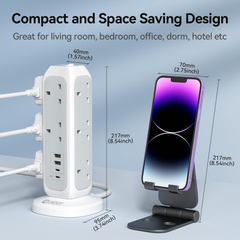 15-Way Tower Extension Lead with 4 USB Ports & 20W USB-C Fast Charger, 2M Cable
