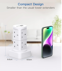 8-Way Tower Extension Lead with 4 USB Ports (2 USB-C), 1.8M Cable, 3250W Power Strip