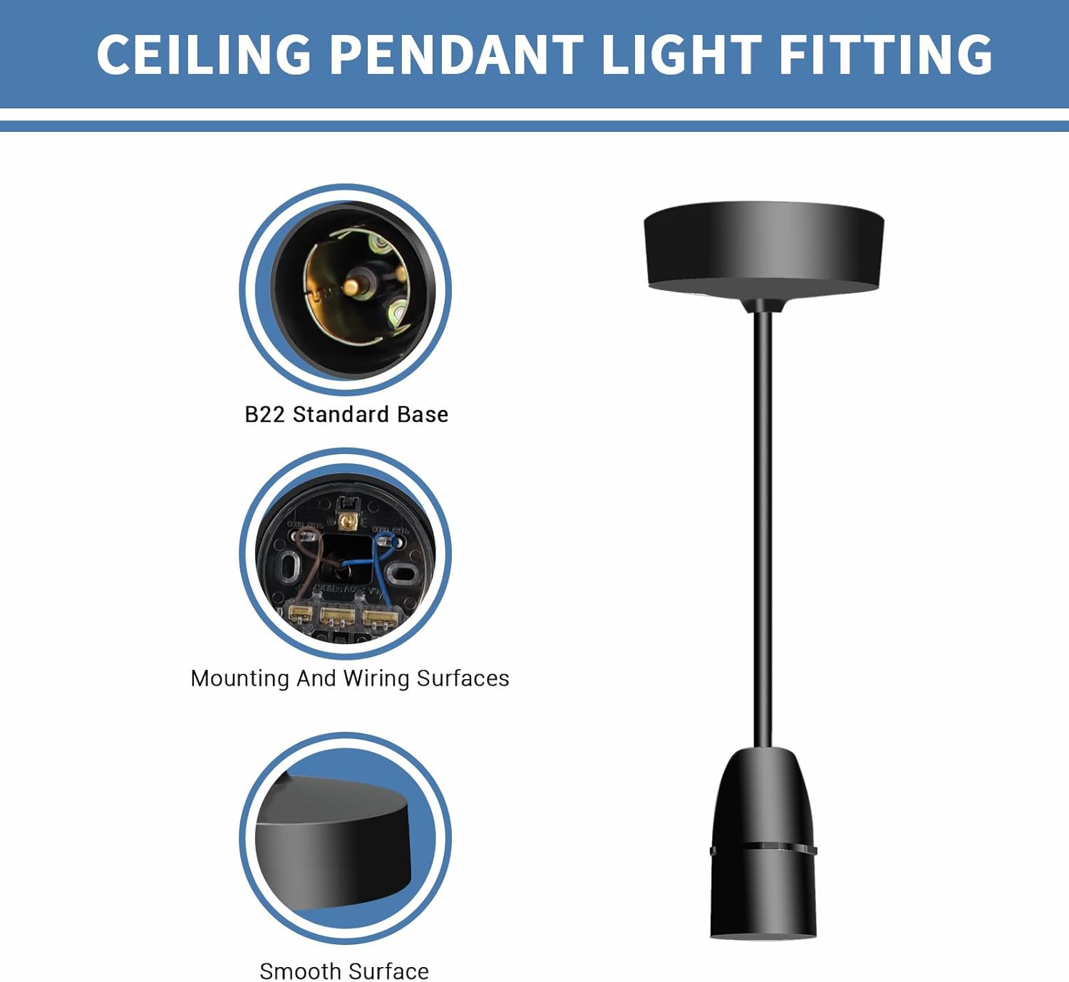 Ceiling Pendant Light Fitting, B22 Lamp Holder, 6”(150mm), Black Plastic Light Bulb Holder, Ceiling Rose for Kitchen Island Living Room Bedroom Lightings