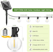 Dimmable Solar Outdoor String Lights – 100FT G40 Festoon Lights with Remote & Timer