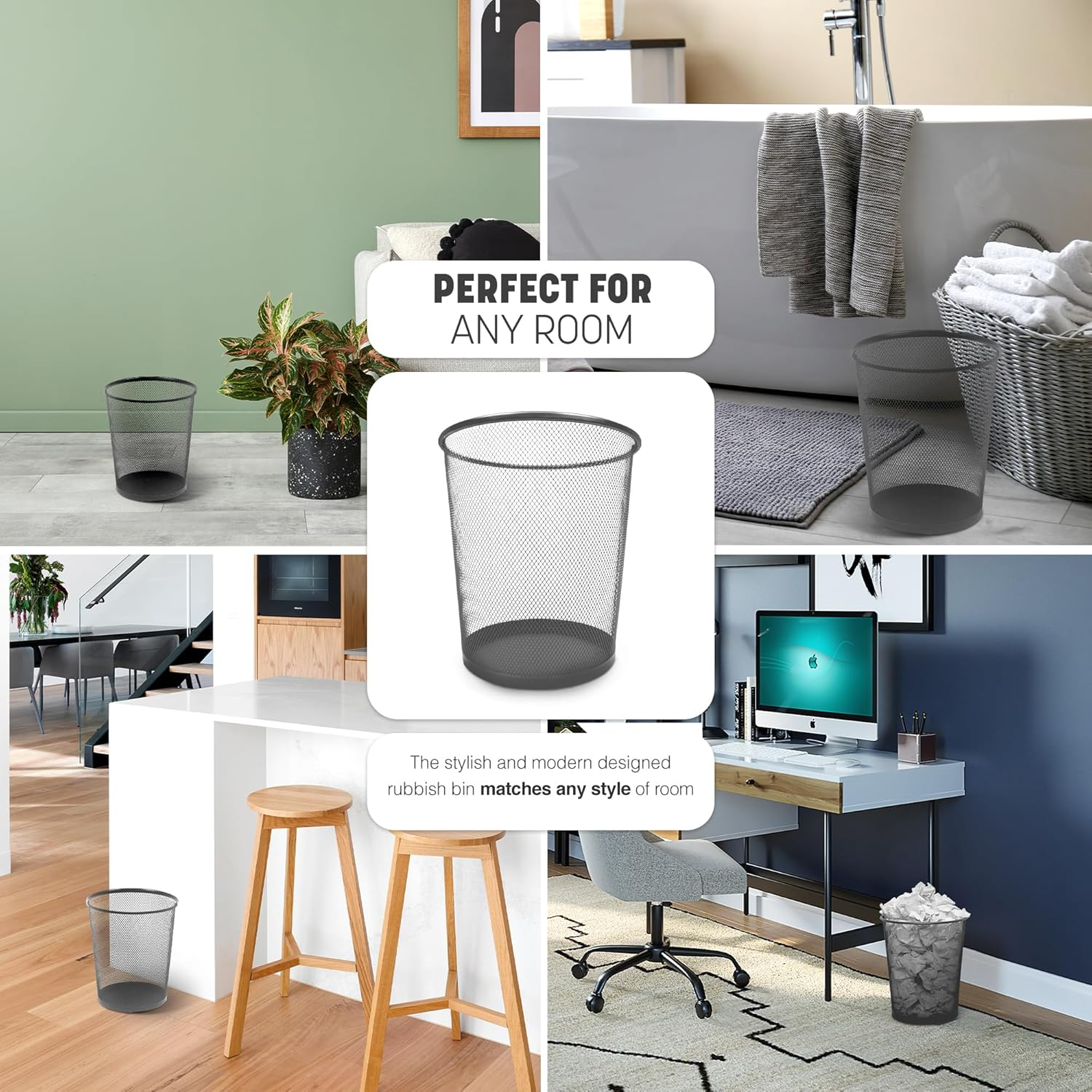 Round Mesh Waste Bin – 1 Pack Black Metal Trash Can for Home & Office Use