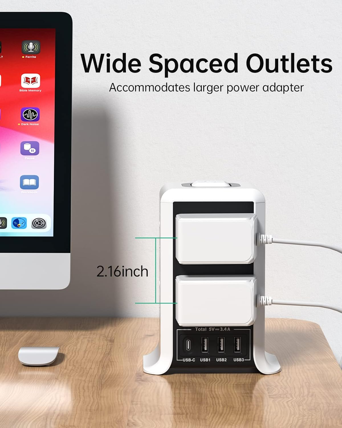 8 Way Tower Extension Lead with 4 USB Ports – 2M Cable, Surge Protected Power Tower