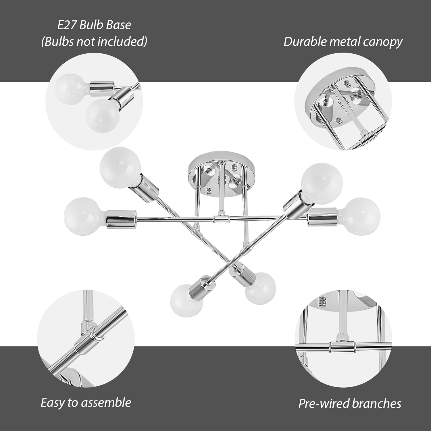 6-Light Silver Flush Mount Ceiling Chandelier – Modern Indoor Fixture