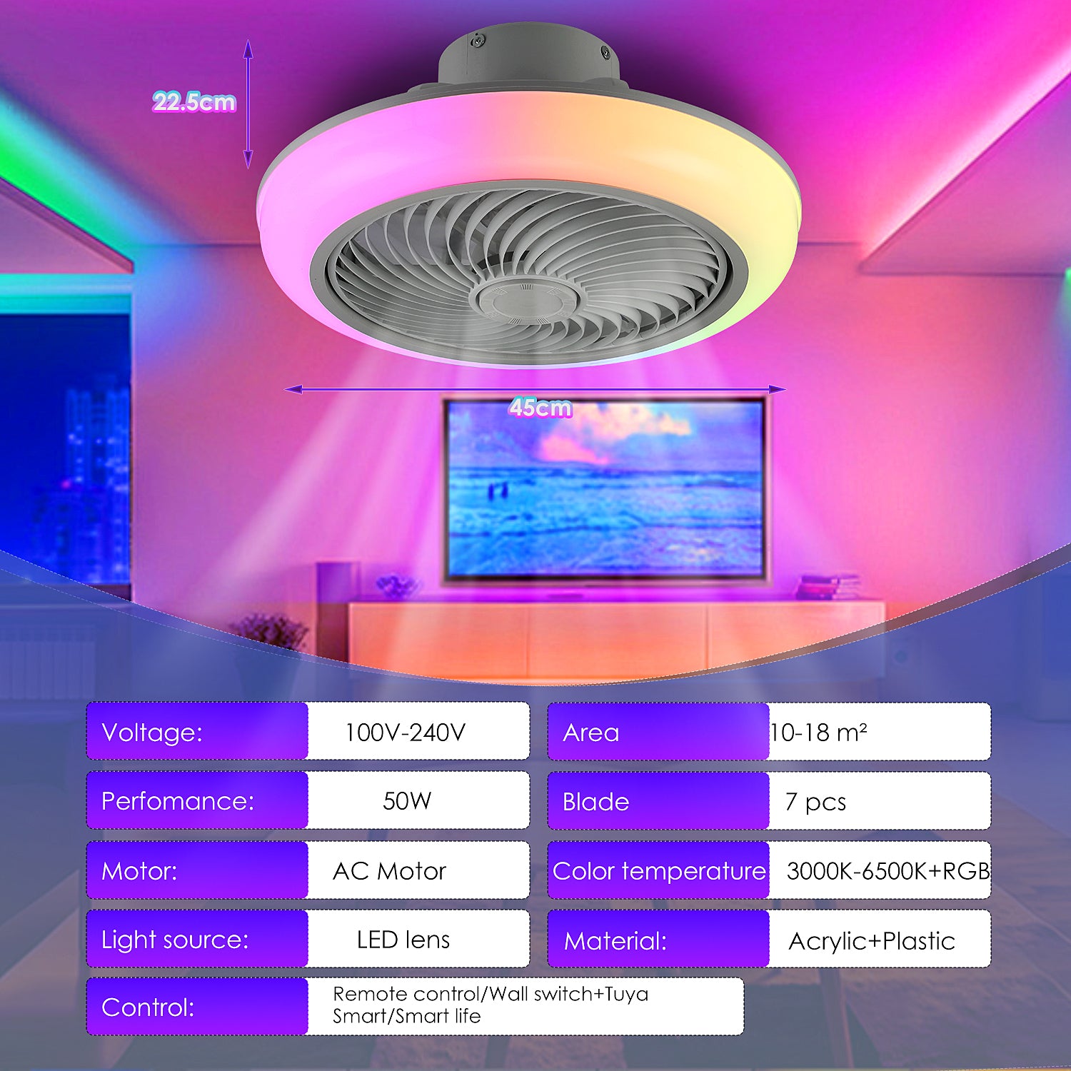 Smart RGB LED Ceiling Fan with Bluetooth Speaker & Remote Control – Modern Starry Sky Design