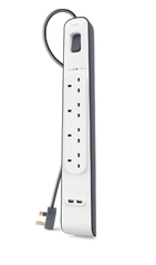 4 Way Extension Lead with 2 USB Ports 2.4A – 2M Surge Protected Power Strip, White