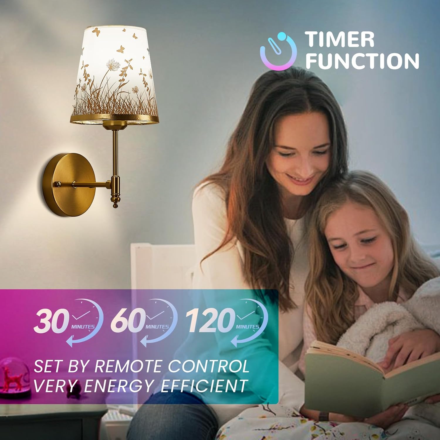 Gold Battery Wall Sconces Set – Floral Shade, RGB Light