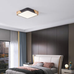 Black Flush LED Ceiling Light - 24W, Modern Wooden Square Design for Bedroom, Lounge, Hallway