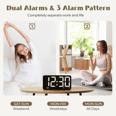 Wood Grain Digital Alarm Clock with Dual Alarms, Snooze & Adjustable Brightness