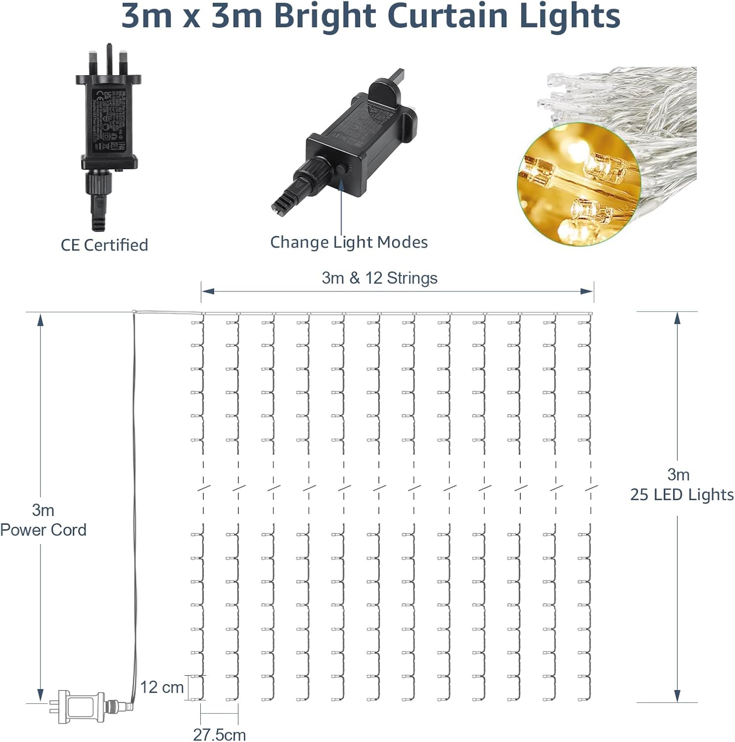 LE 306 LED Curtain Lights – 3m x 3m, 8 Modes, Plug-in, Warm White