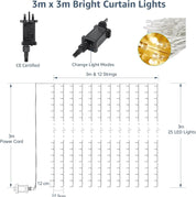 LE 306 LED Curtain Lights – 3m x 3m, 8 Modes, Plug-in, Warm White