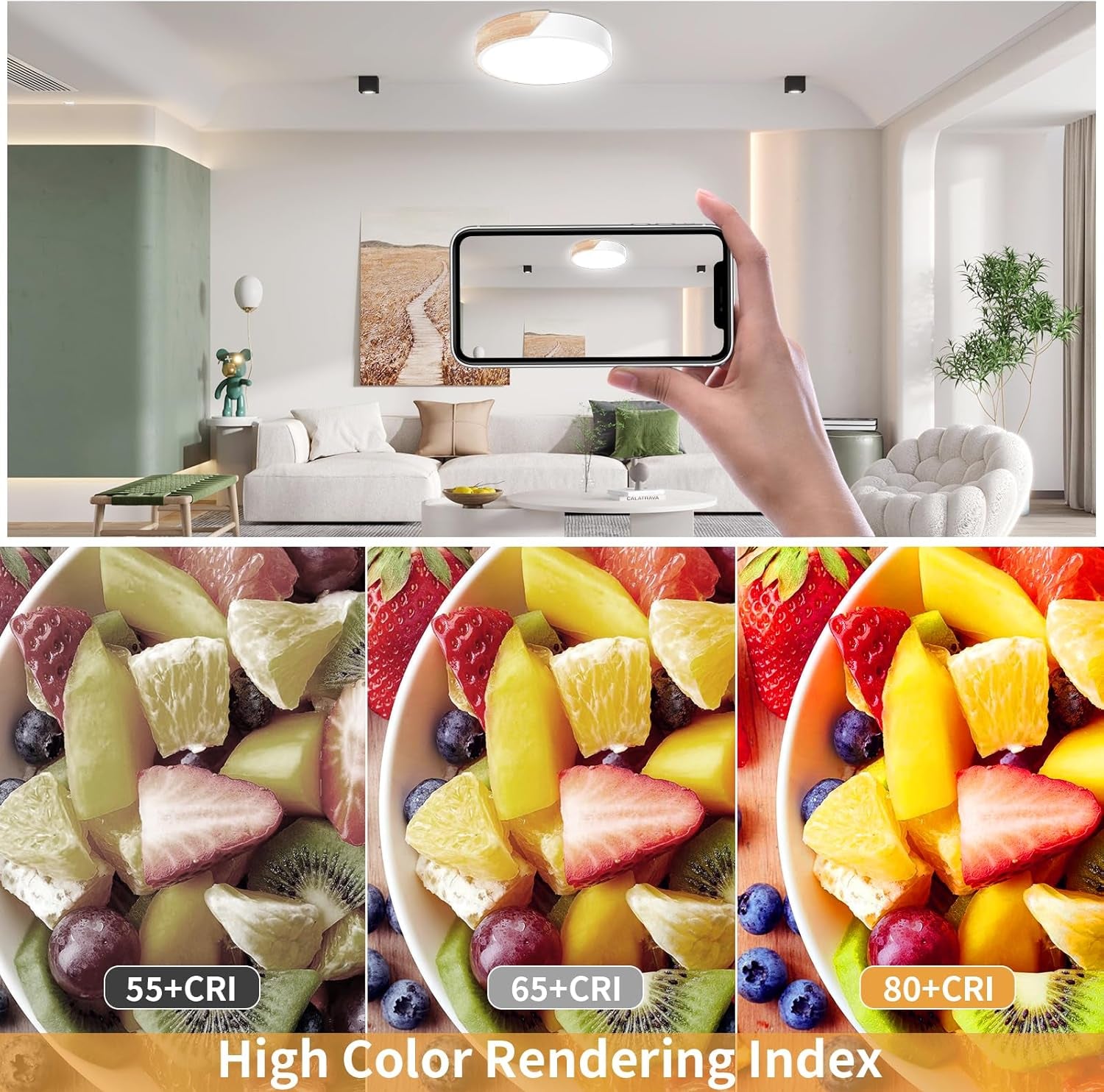 Wooden LED Ceiling Light, Dimmable Modern Fixture with Remote