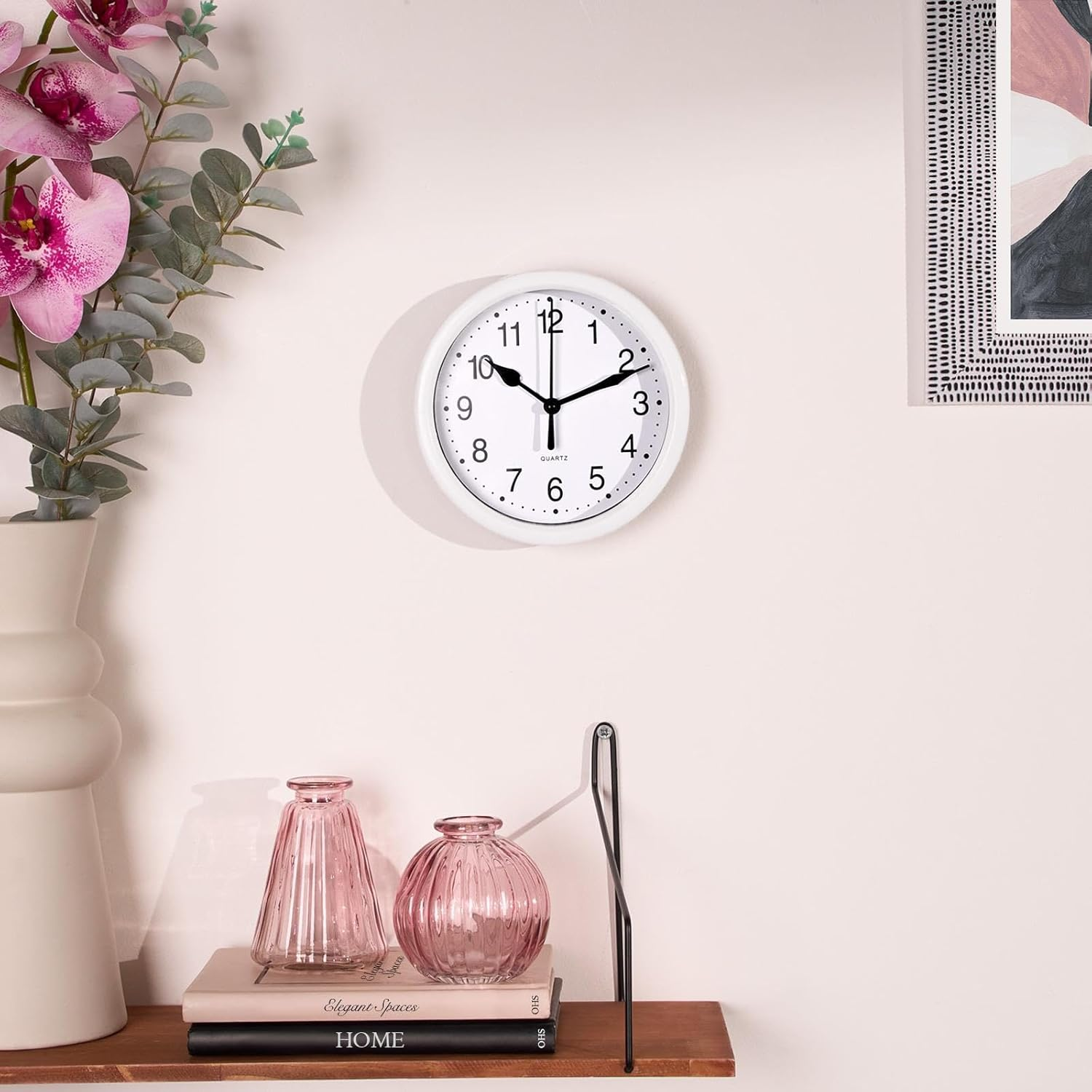 Small Round Modern Wall Clock, Easy Read Large Numbers, Silent Design, White