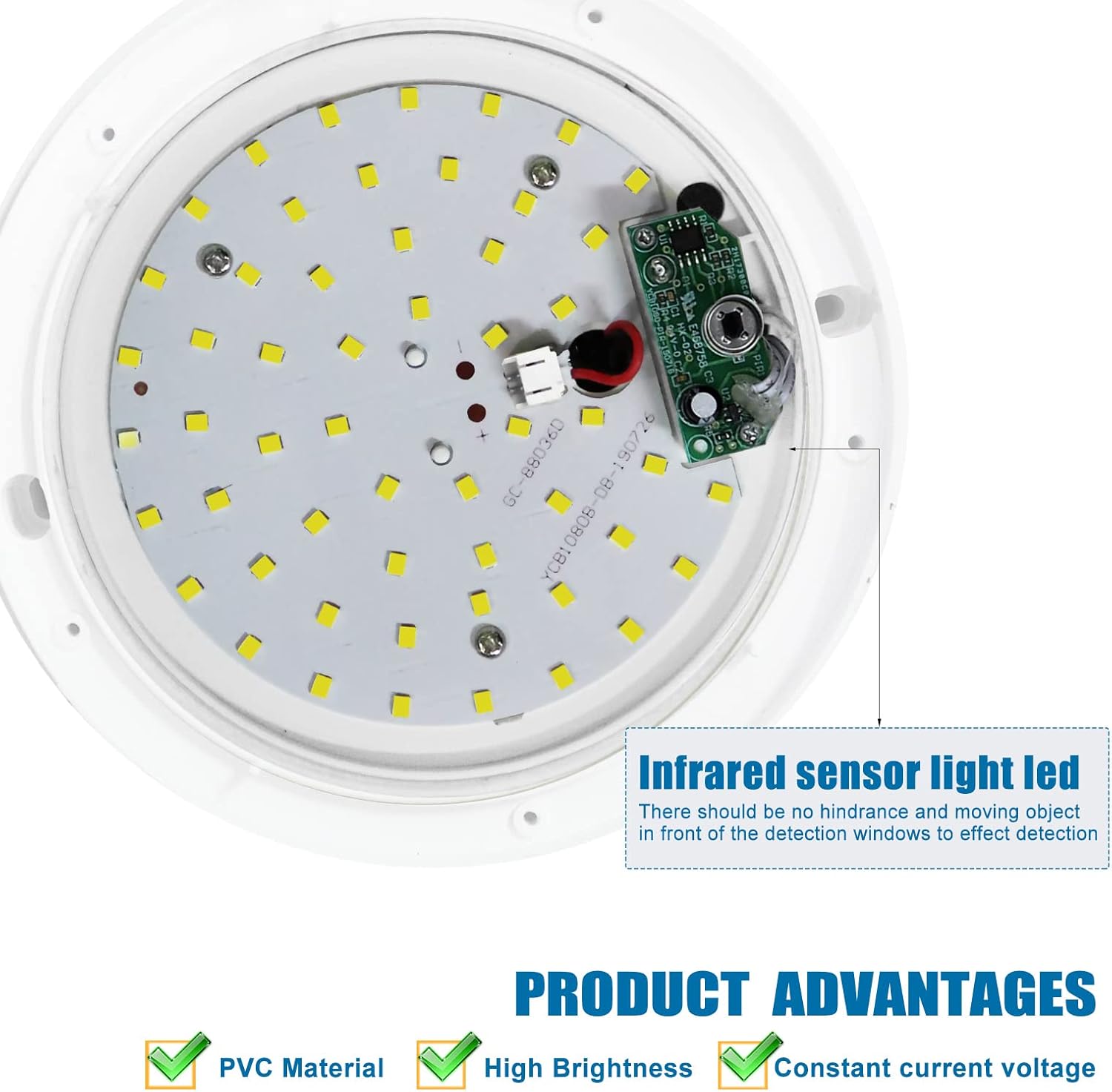12W LED Ceiling Light with Infrared Motion Sensor, 960LM, IP65 Waterproof, Round Surface Mount, 6500K Daylight