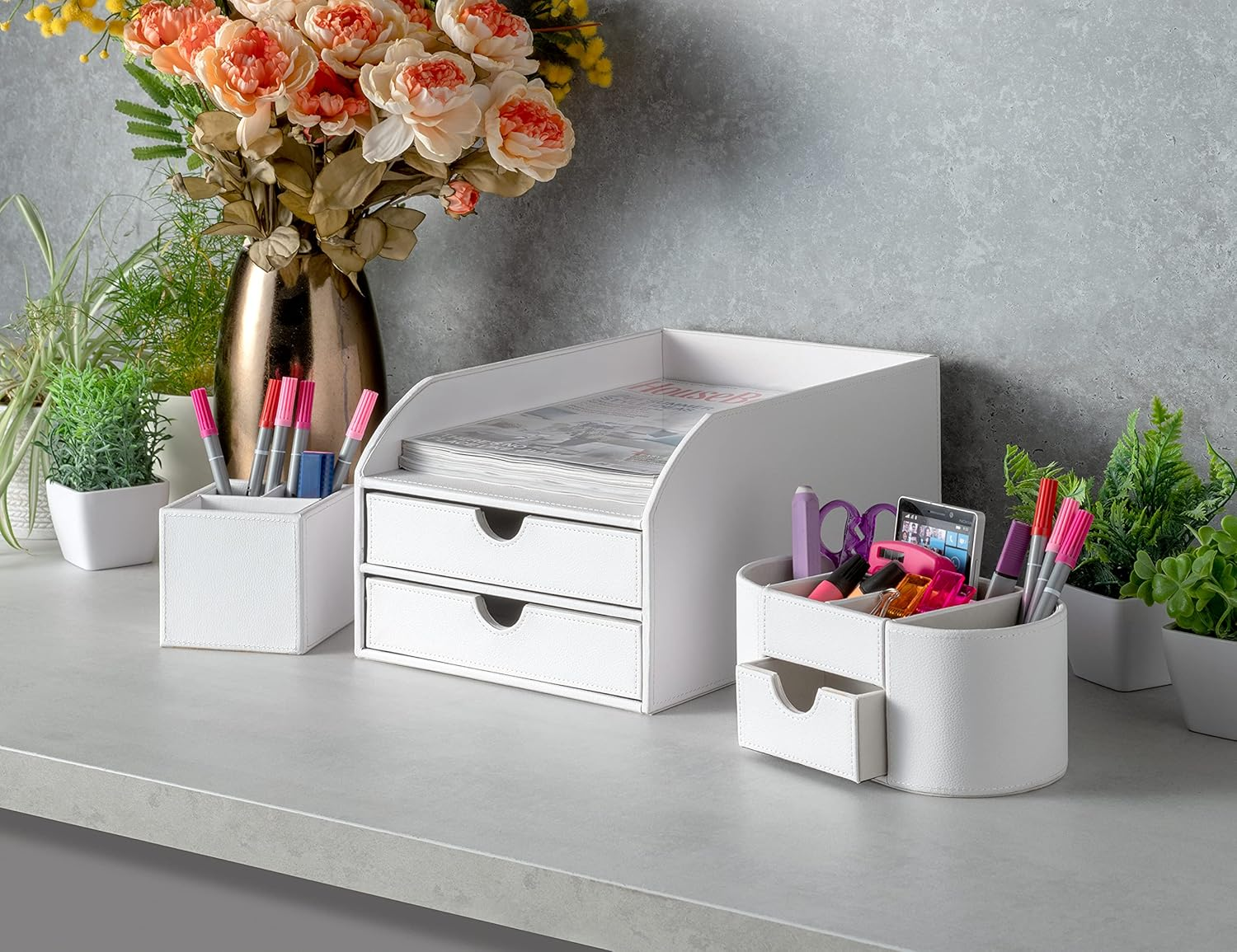 Faux Leather 2-Tier Letter Tray Organiser – White Desk Paper Sorter, Pack of 2