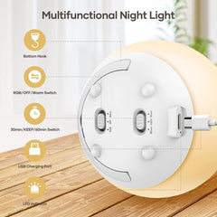 USB Rechargeable LED Night Light - Dimmable Warm Light, 7 Colors, Touch Control, 0.5/1-Hour Timer