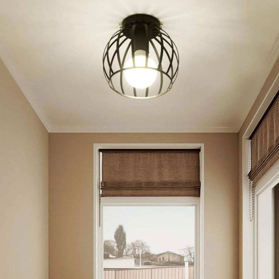 Vintage Semi Flush Ceiling Light – Black Metal Cage Fixture with E27 Holder for Living Room, Kitchen, Bedroom, or Hallway