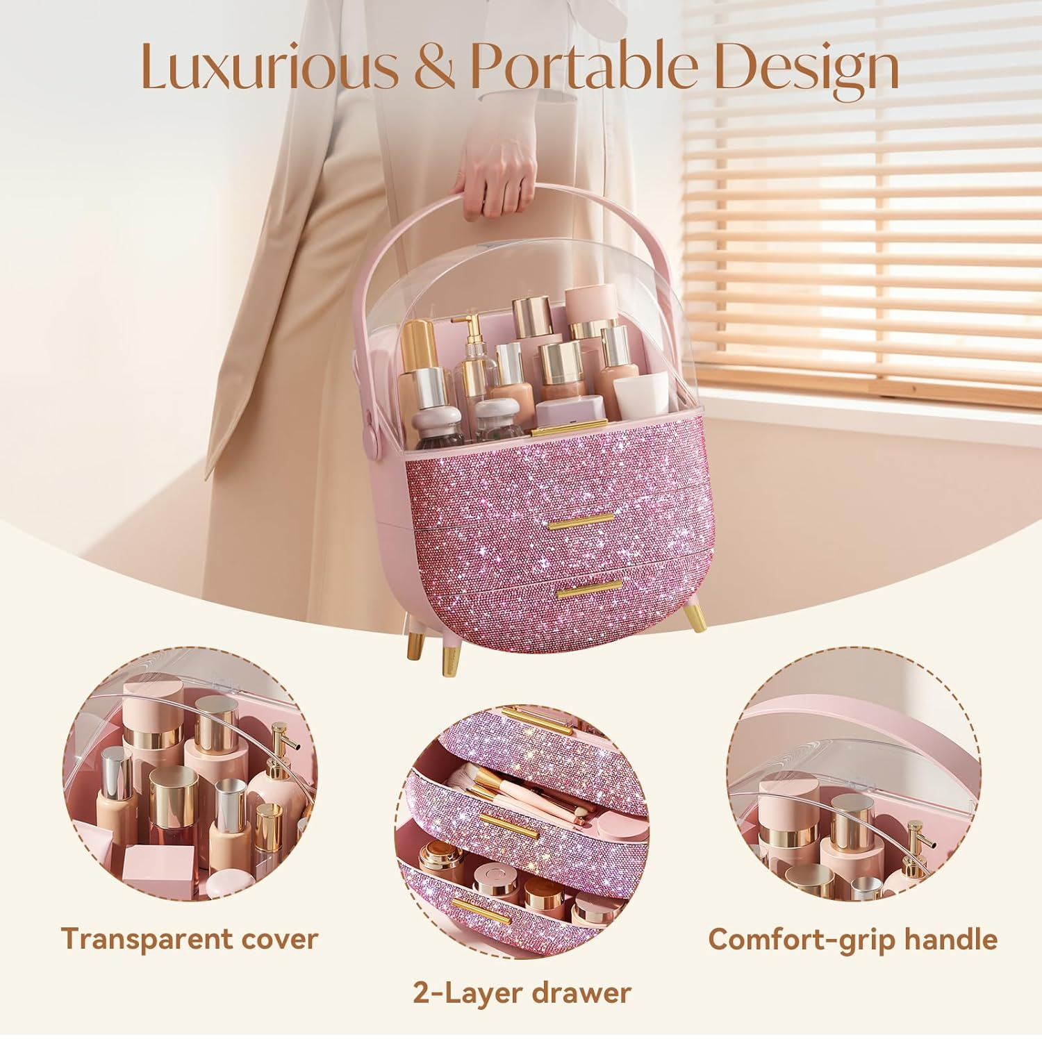 Rhinestone Pink Makeup Organizer with Drawers – Large Dustproof Cosmetic Box
