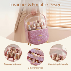 Rhinestone Pink Makeup Organizer with Drawers – Large Dustproof Cosmetic Box