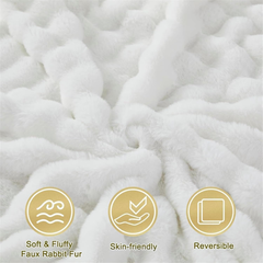 LINGKY Faux Rabbit Fur Throw Blanket – Reversible Fluffy Cozy Sofa & Bed Blanket, 100x160cm Cream White