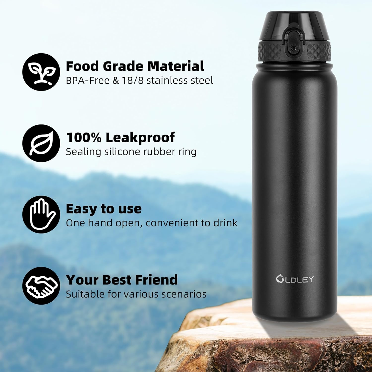 1L Stainless Steel Insulated Water Bottle – Black Leakproof Flask with Straw Lid