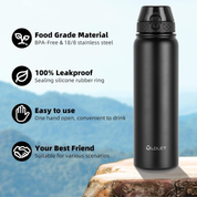 1L Stainless Steel Insulated Water Bottle – Black Leakproof Flask with Straw Lid