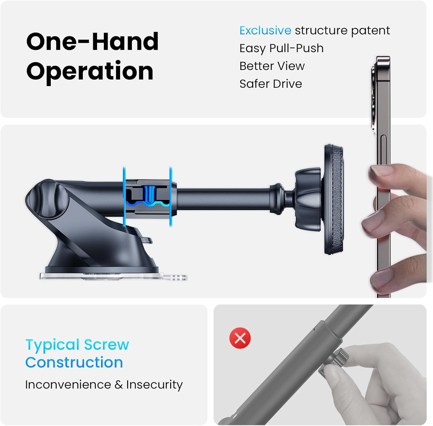 Magnetic Car Phone Mount – Universal Dashboard & Windscreen Holder with 6 Strong Magnets and Telescopic Arm
