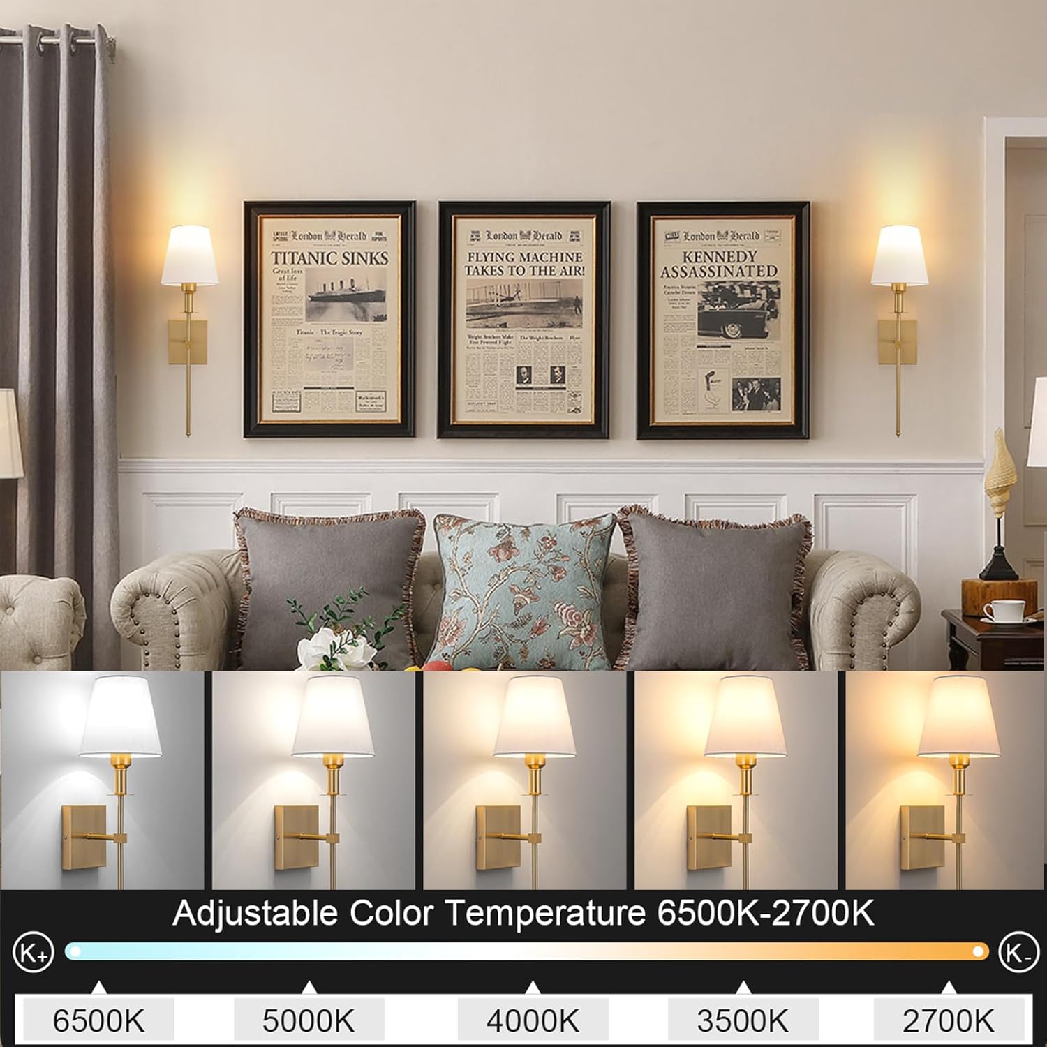 Set of 2 Gold Rechargeable Wall Lights