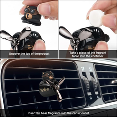 Bear Pilot Retro Airplane Car Air Freshener – Rotating Propeller Vent Clip with Fragrance Tablets (Black)