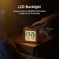 Wooden Digital Alarm Clock – Battery Powered, LCD Backlit, Temperature, Date, Snooze, 12/24H