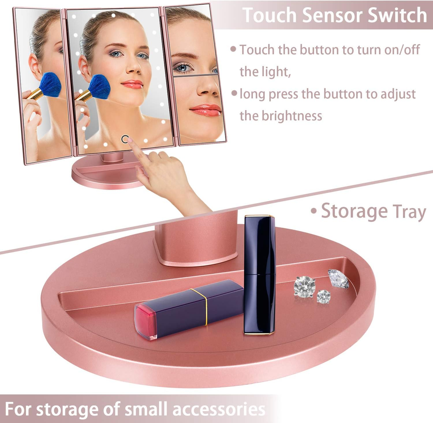 DeWEISN Lighted Makeup Vanity Mirror – 21 LED, 3X/2X/1X Magnification, Rose Gold