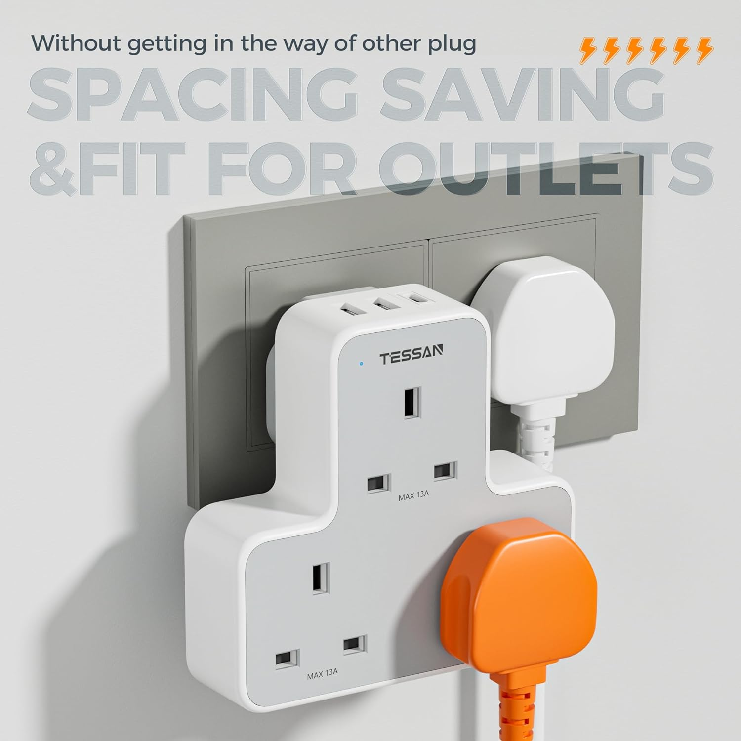 3-Way Extension Plug Socket with USB Ports, Multi Plug Power Strip for Home & Office