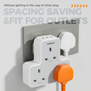3-Way Extension Plug Socket with USB Ports, Multi Plug Power Strip for Home & Office