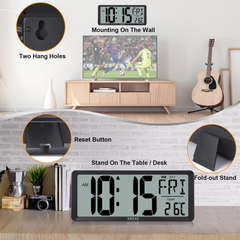 14-Inch Large LCD Digital Wall Clock with Date & Temperature Display (Battery)