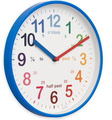 Kids Teaching Wall Clock, Blue Quartz Clock with Rainbow Dial & Quarter Markers