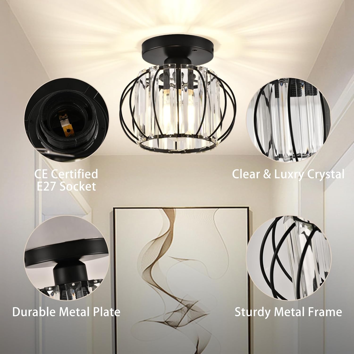 Small Crystal Ceiling Light – 2 Pack Black Metal Semi Flush Mount Chandelier
