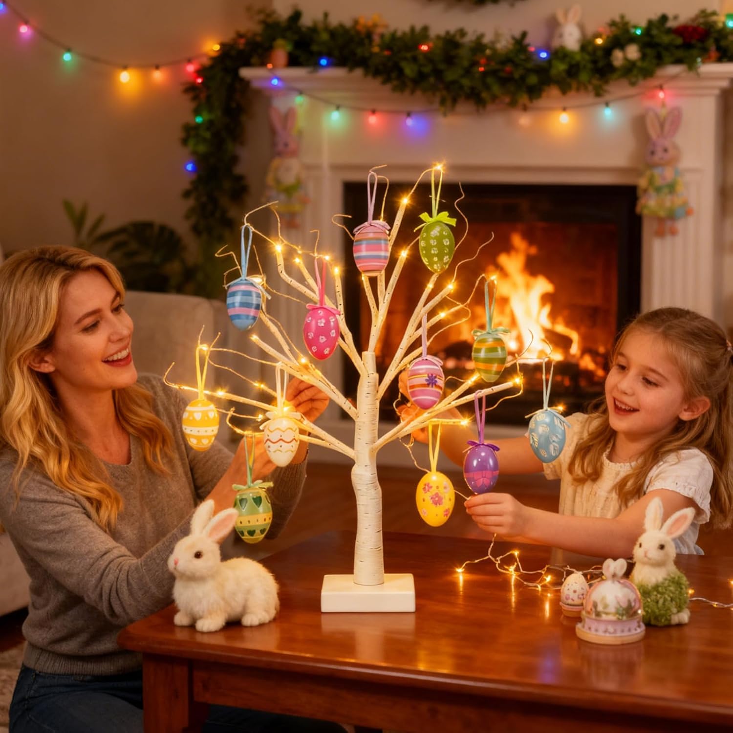 Easter Tree with Lights White Birch Twig Egg Decor Lamp Home