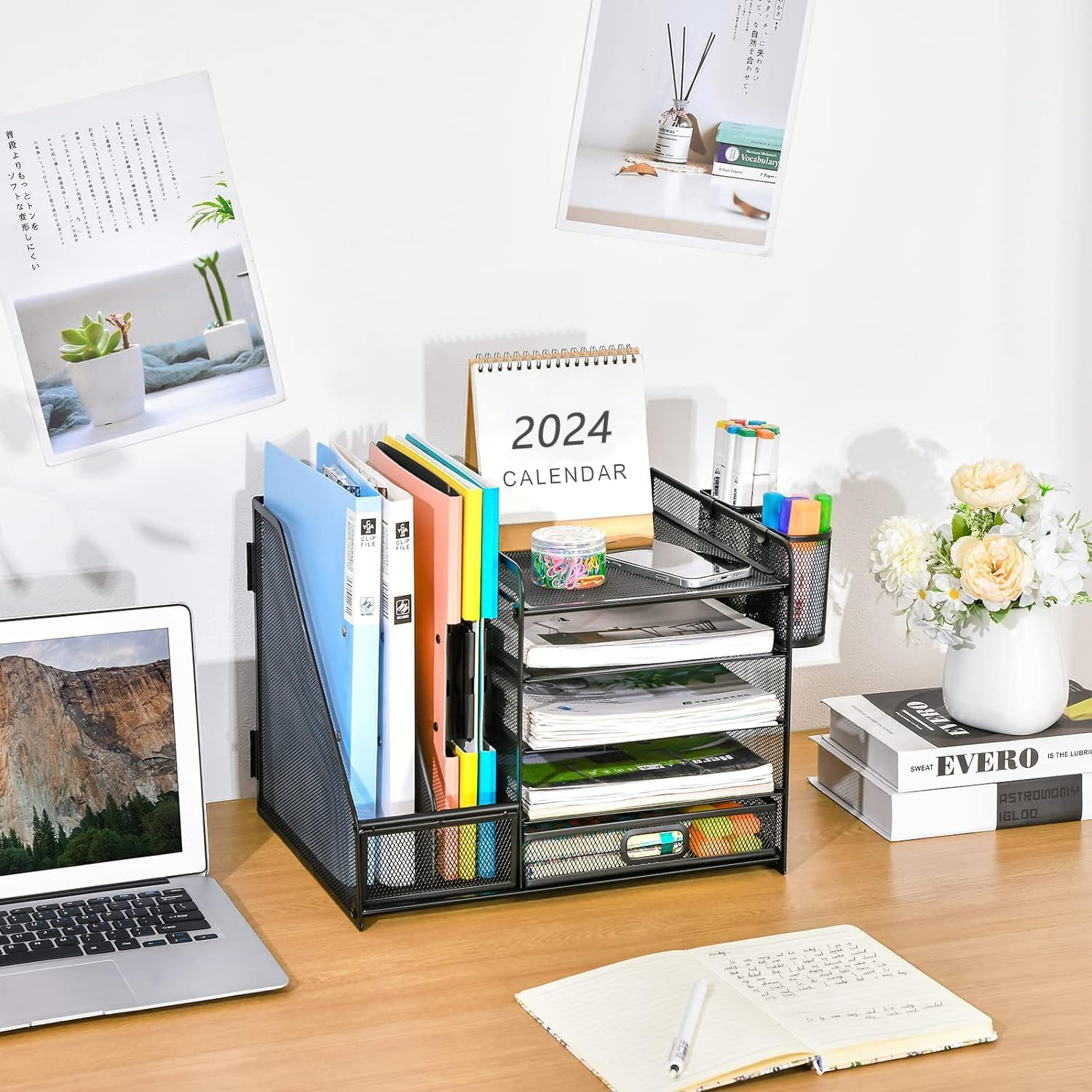 5-Tier Mesh Desk Organiser with Drawer & Pen Holders – File & Paper Tray Storage, Black