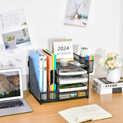 5-Tier Mesh Desk Organiser with Drawer & Pen Holders – File & Paper Tray Storage, Black