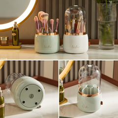360° Rotating Makeup Organizer with Dustproof Lid – Acrylic Brush & Cosmetic Holder (White)