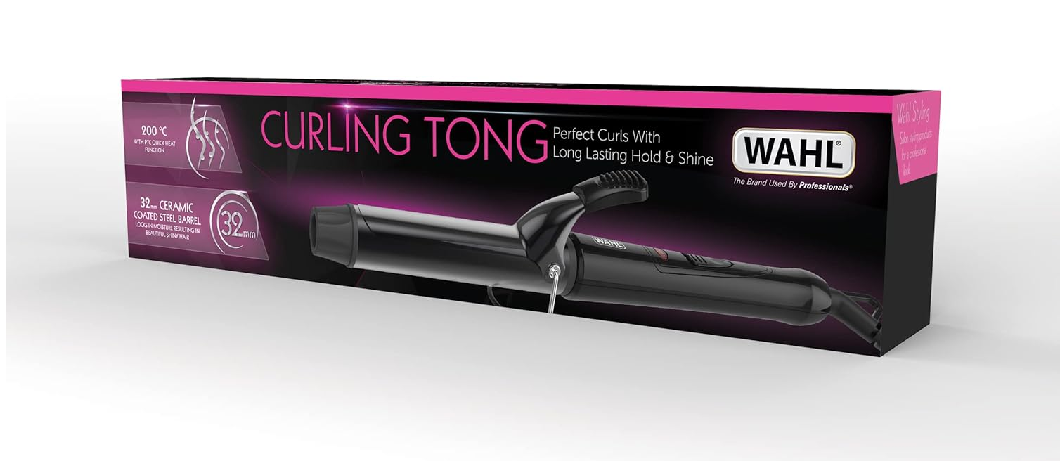 Professional 32mm Ceramic Curling Wand with Clamp, Quick Heat & Swivel Cord, Black