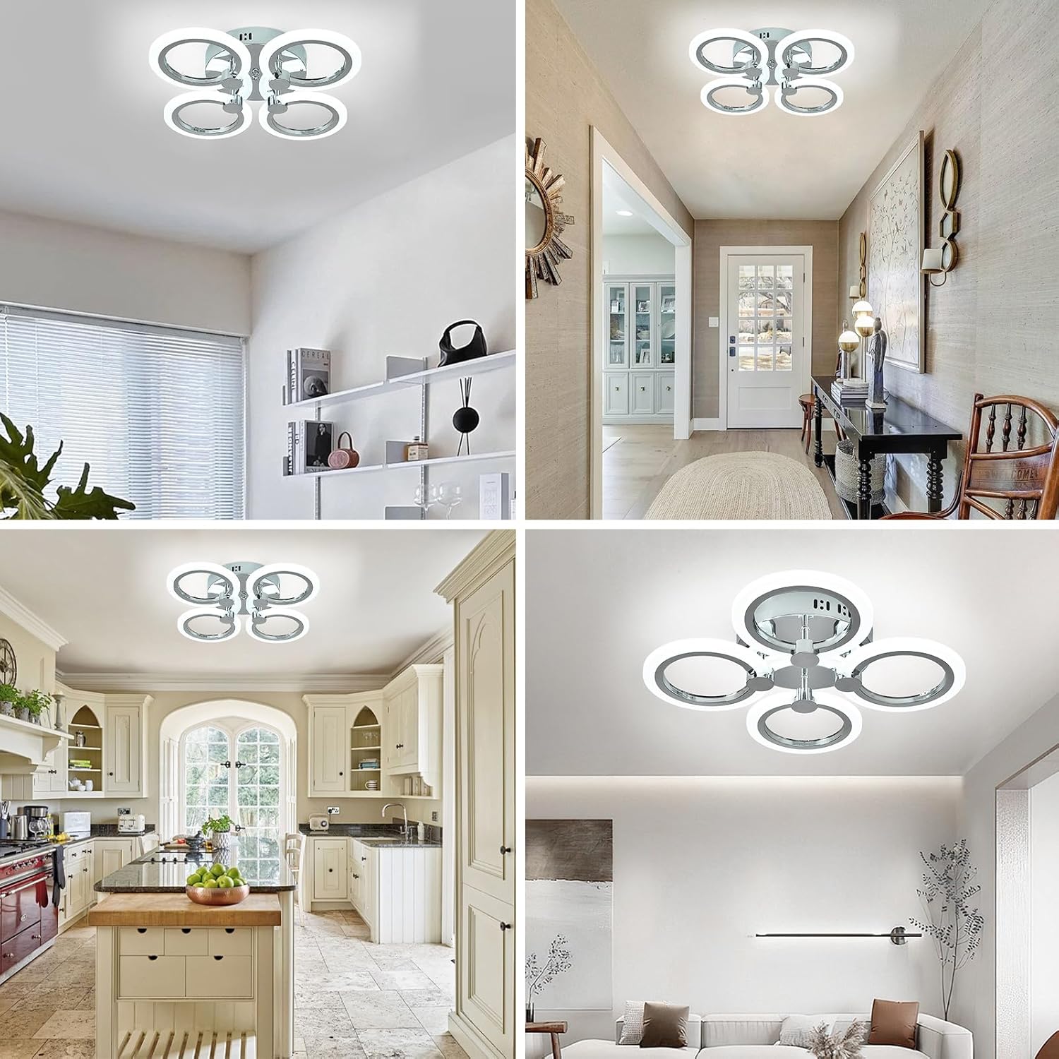 Modern 4-Ring LED Ceiling Light, Chrome, 6500K Daylight