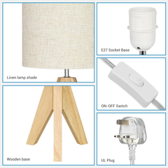 Set of 2 Wooden Bedside Table Lamps – Tripod Desk Lamps with Linen Shades, E27