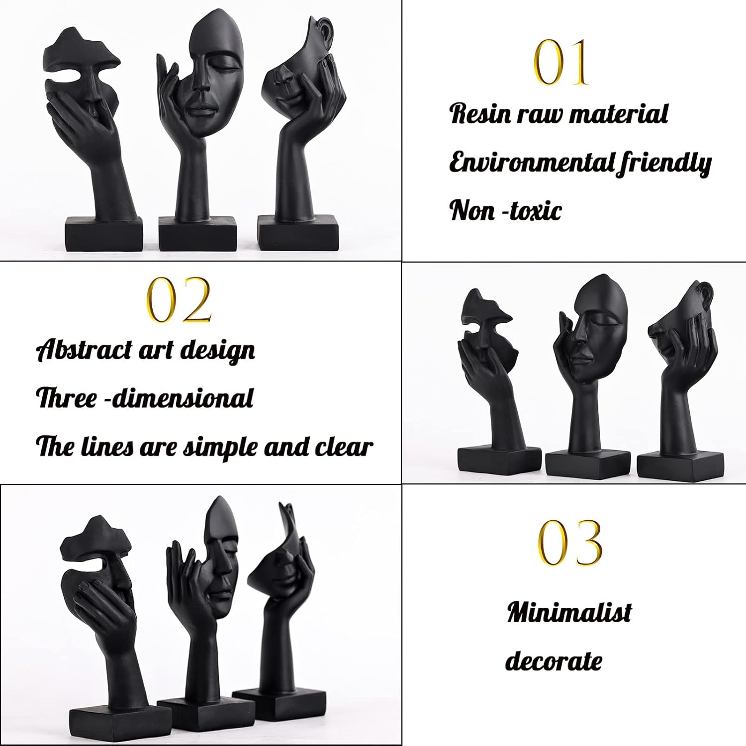 Oliruim 3-Piece Black Woman Face Statue Set – Modern Home Accent & Desk Decor