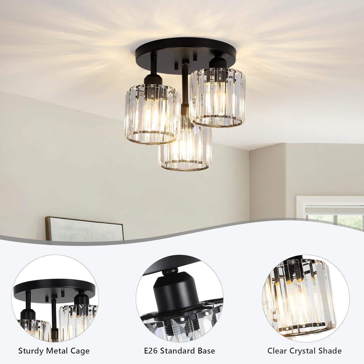 Modern Crystal Chandeliers Ceiling Light, 3-Lights Crystal Ceiling Lights Living Room, Black Semi Flush Ceilings Light Fittings for Hallway