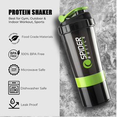 Protein Shaker Bottle 500ml – Green BPA-Free Gym Bottle with Storage Compartment